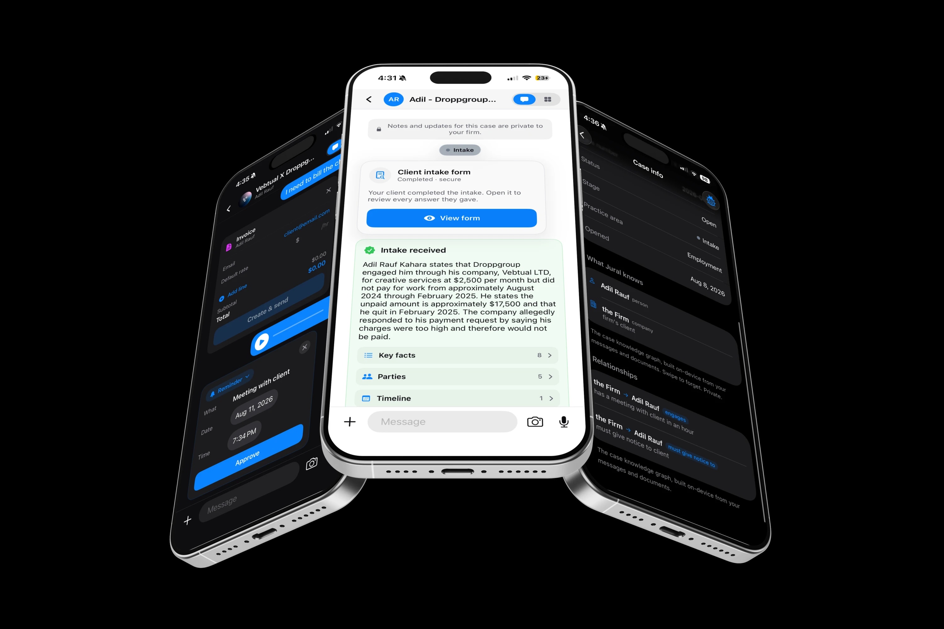 Three iPhones running Jural, a client intake arriving into the case thread on the centre screen