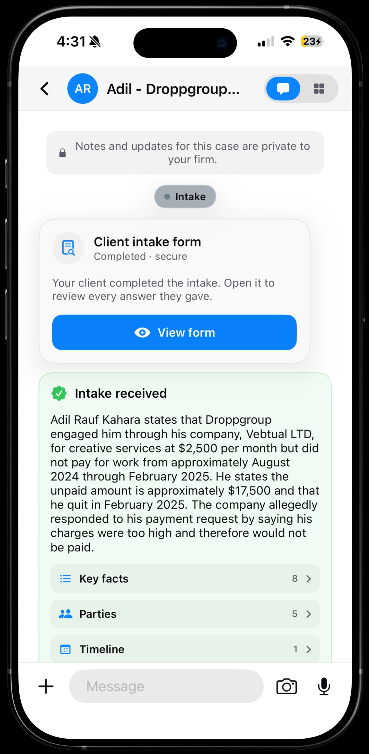 Jural on iPhone showing a completed client intake written up inside the case thread