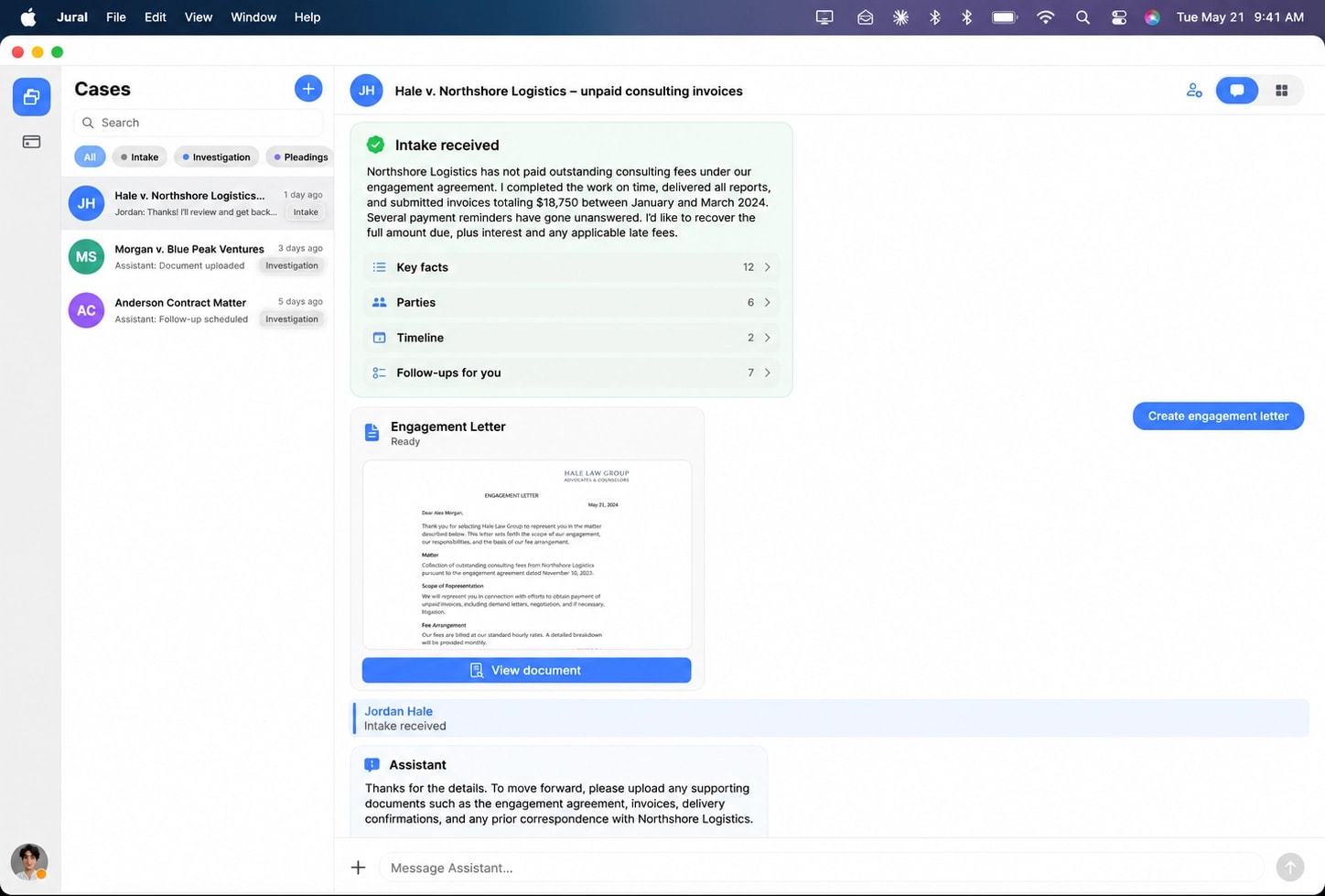 Jural on macOS showing a case thread with a generated engagement letter