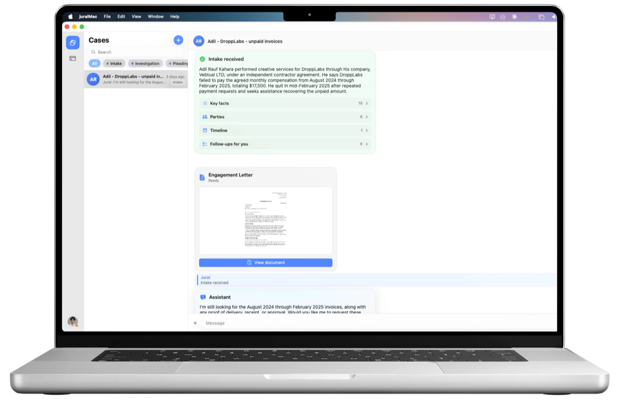 Jural on Mac showing a case thread with a completed intake